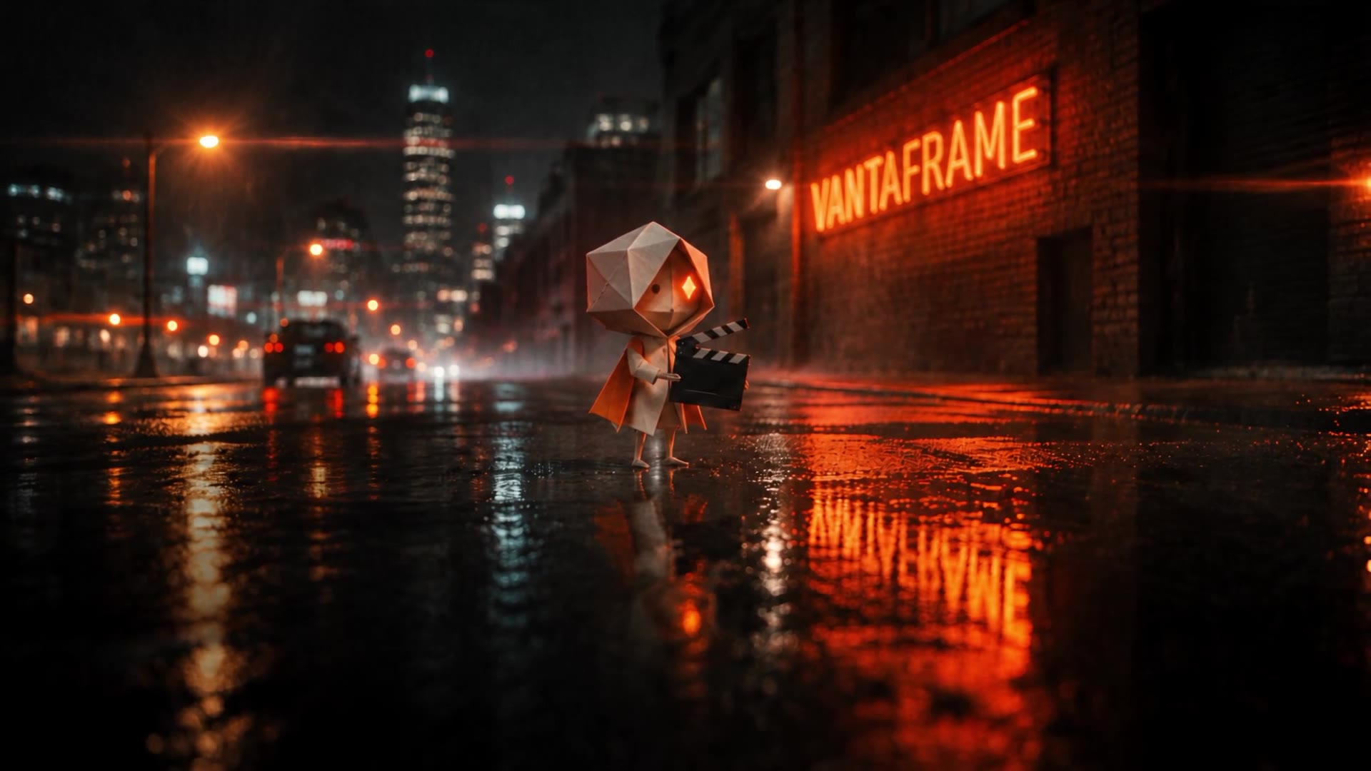 A small origami character with a clapperboard on a rainy street under an orange GLINTFRAMES neon sign