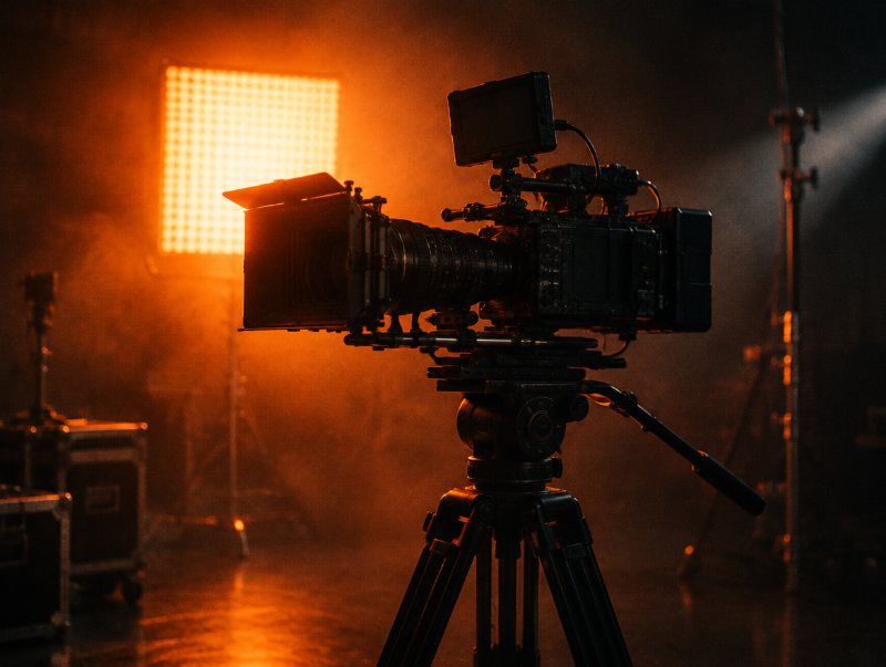 Cinema camera on a dark stage with orange backlight